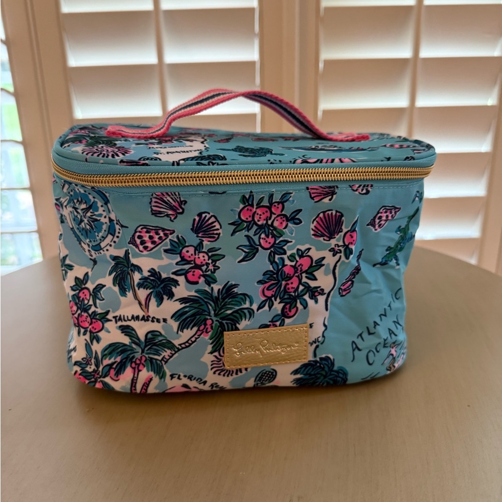 Lilly Pulitzer Blue and Pink Cosmetic Bag with Floral Design